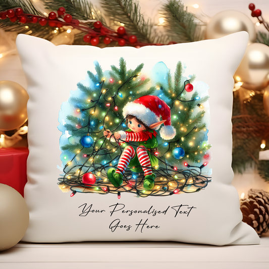 Personalised Elf wrapped in Christmas Lights Cushion Cover Gift