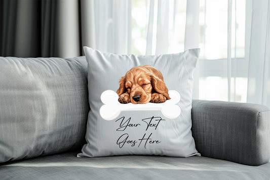 Personalised Cocker Spaniel sleeping on a bone Pet Dog Keepsake Gift Cushion, by Floppsie Moppsie – floppsiemoppsie at floppsiemoppsie.co.uk