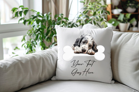 Personalised English Setter sleeping on a bone Pet Dog Keepsake Gift Cushion, by Floppsie Moppsie – floppsiemoppsie at floppsiemoppsie.co.uk