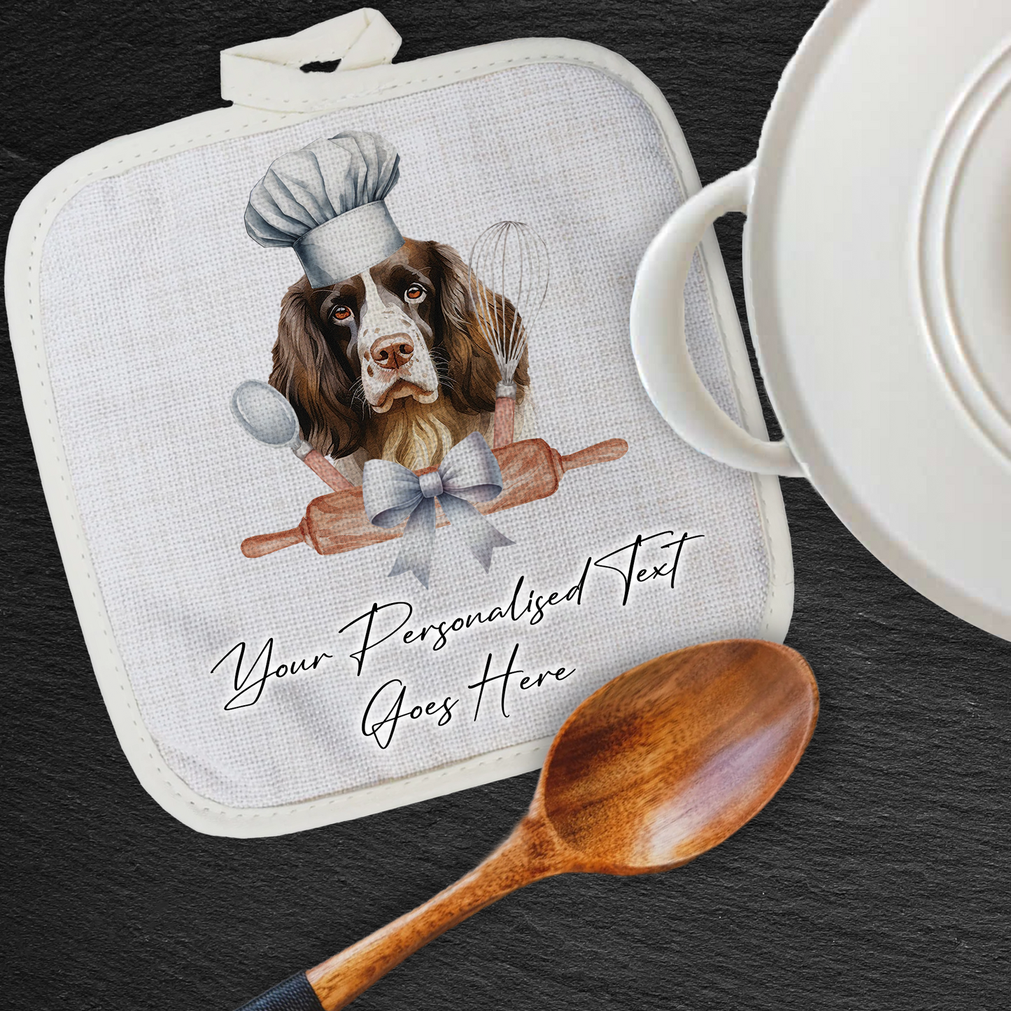 Personalised Dog In Chef Hat Gift Pot Holder / Grab - English Springer Spaniel