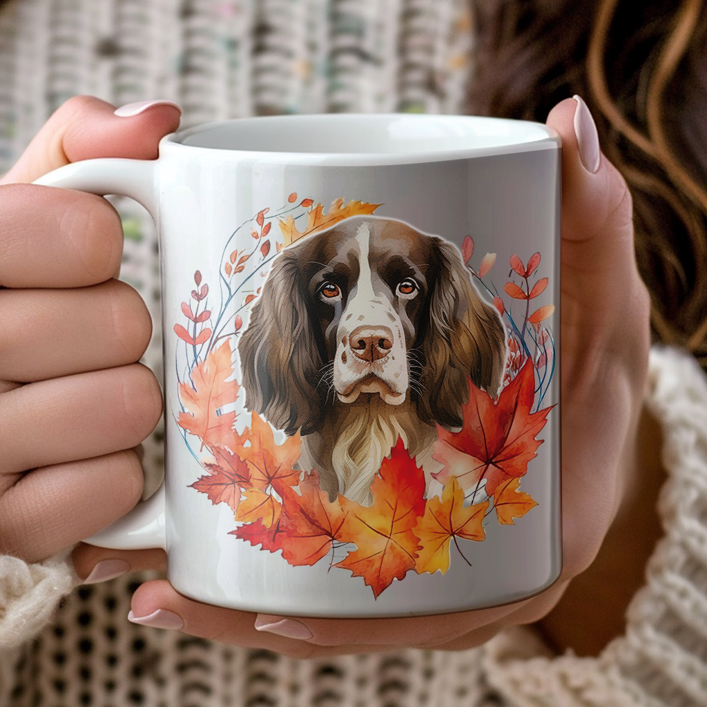 Personalised English Springer Spaniel in an Autumn wreath - Keepsake Mug, ideal gift for Birthday and Christmas Gift, by Floppsie Moppsie – floppsiemoppsie at floppsiemoppsie.co.uk