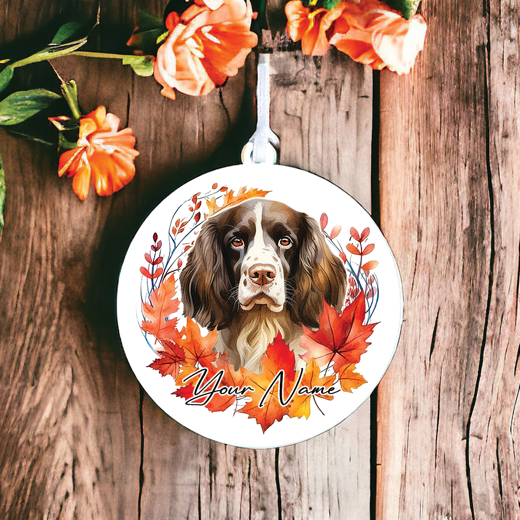 Personalised Dog English Springer Spaniel in an autumn wreath - Keepsake Gift Hanging Decoration, by Floppsie Moppsie – floppsiemoppsie at floppsiemoppsie.co.uk