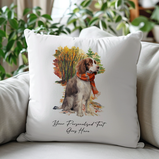 Personalised Dog English Springer Spaniel – on an Autmn Winter Walk wearing a scarf Pet Gift Cushion, by Floppsie Moppsie – floppsiemoppsie at floppsiemoppsie.co.uk