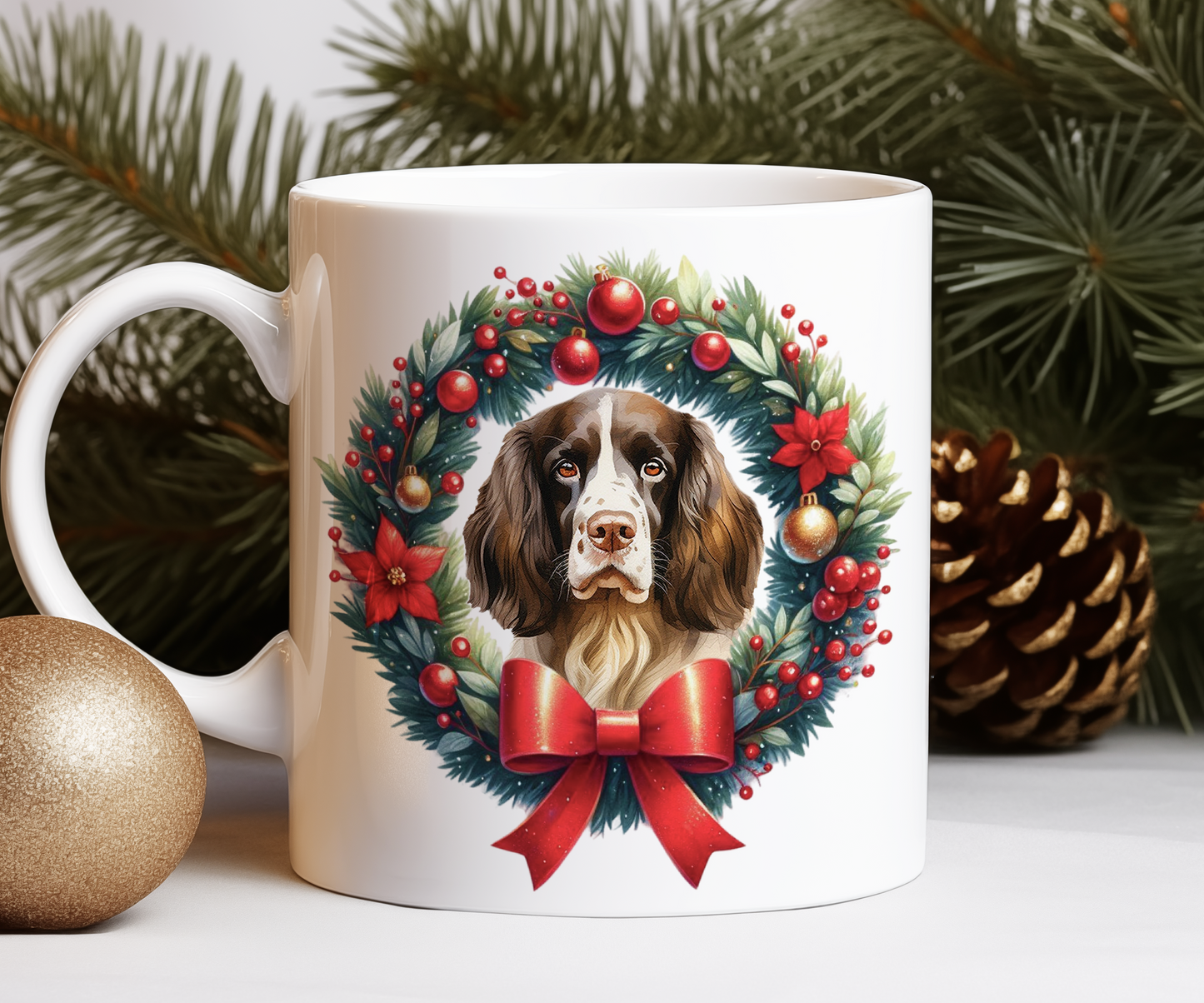 Personalised English Springer Spaniel Dog Christmas Wreath Gift Mug