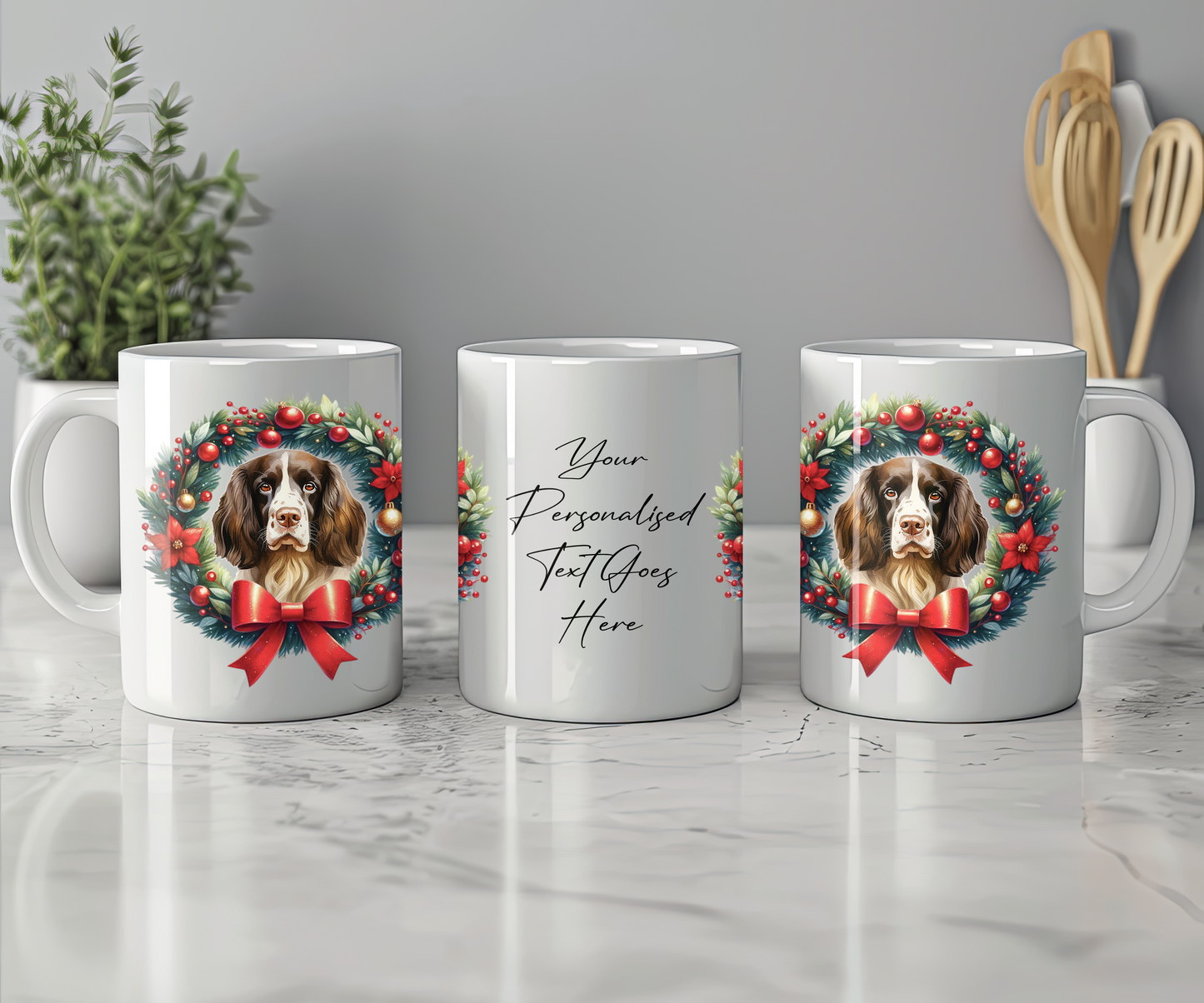 Personalised English Springer Spaniel Dog Christmas Wreath Gift Mug