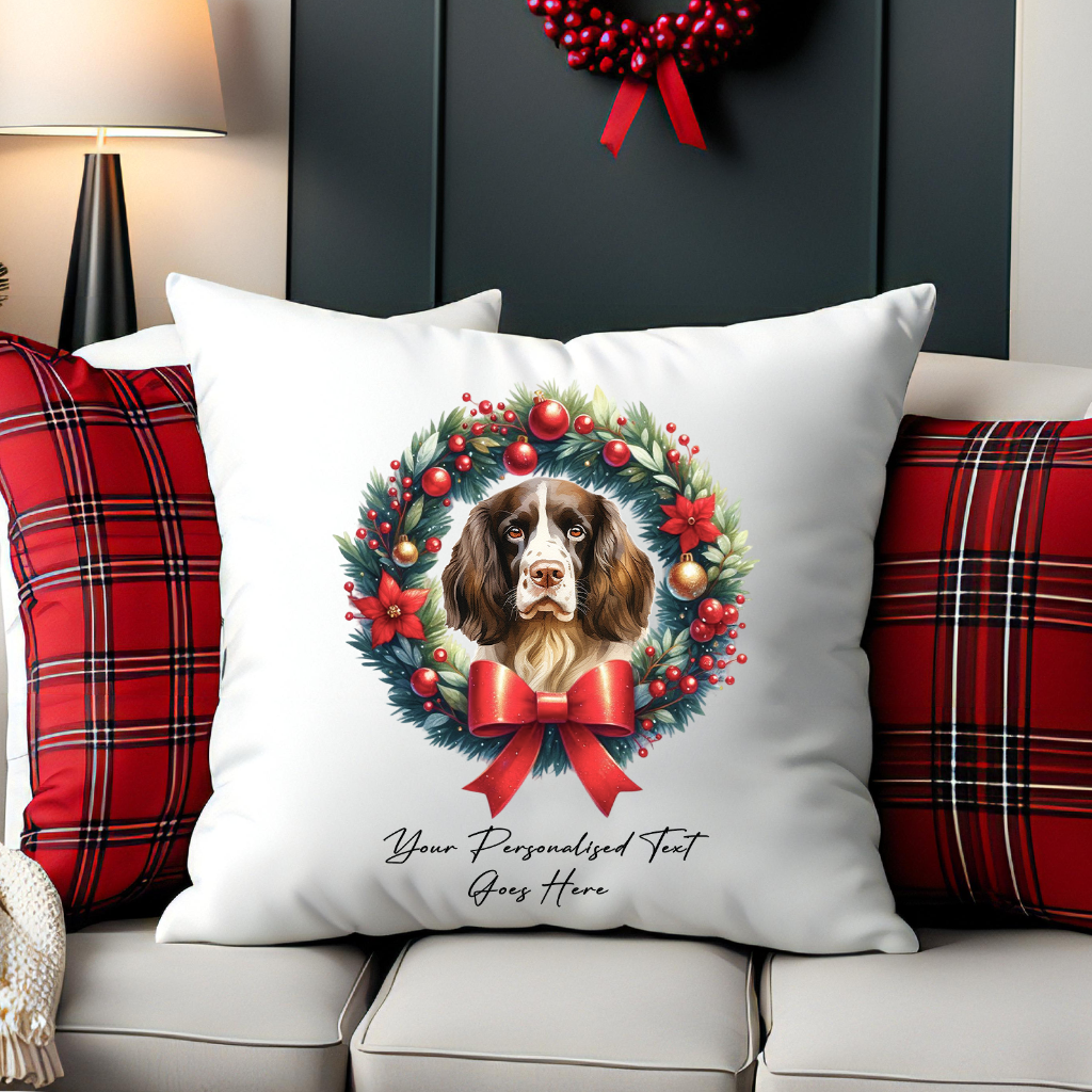 Personalised English Springer Spaniel in a Christmas wreath - Keepsake Gift cushion, by Floppsie Moppsie – floppsiemoppsie at floppsiemoppsie.co.uk