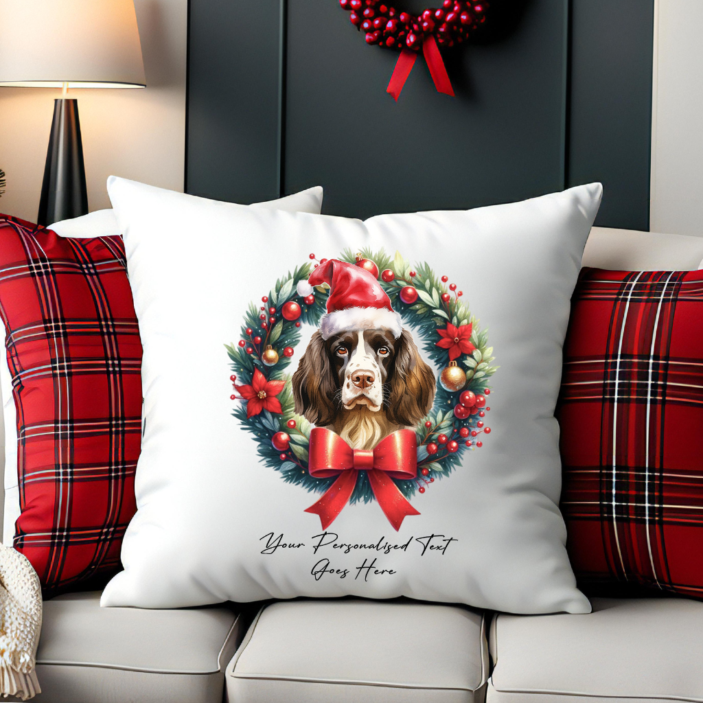 Personalised English Springer Spaniel with Santa Hat in a Christmas wreath - Keepsake Gift cushion, by Floppsie Moppsie – floppsiemoppsie at floppsiemoppsie.co.uk