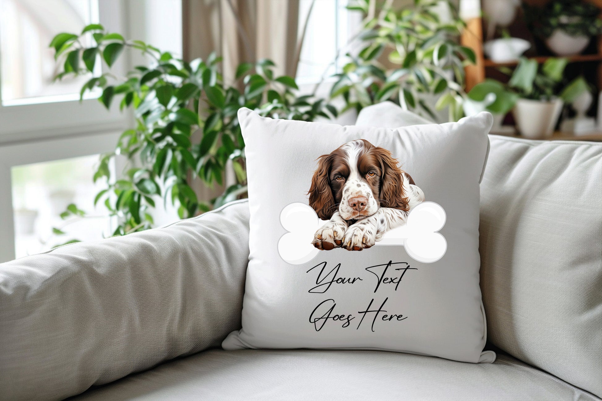 Personalised English Springer Spaniel sleeping on a bone Pet Dog Keepsake Gift Cushion, by Floppsie Moppsie – floppsiemoppsie at floppsiemoppsie.co.uk