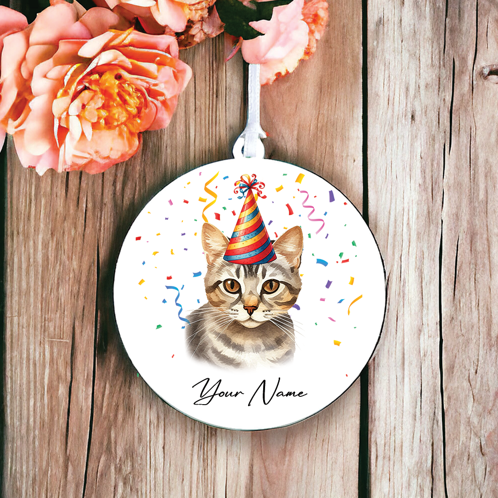 Personalised European Shorthair Cat Birthday Party Hat - Hanging Bauble Decoration