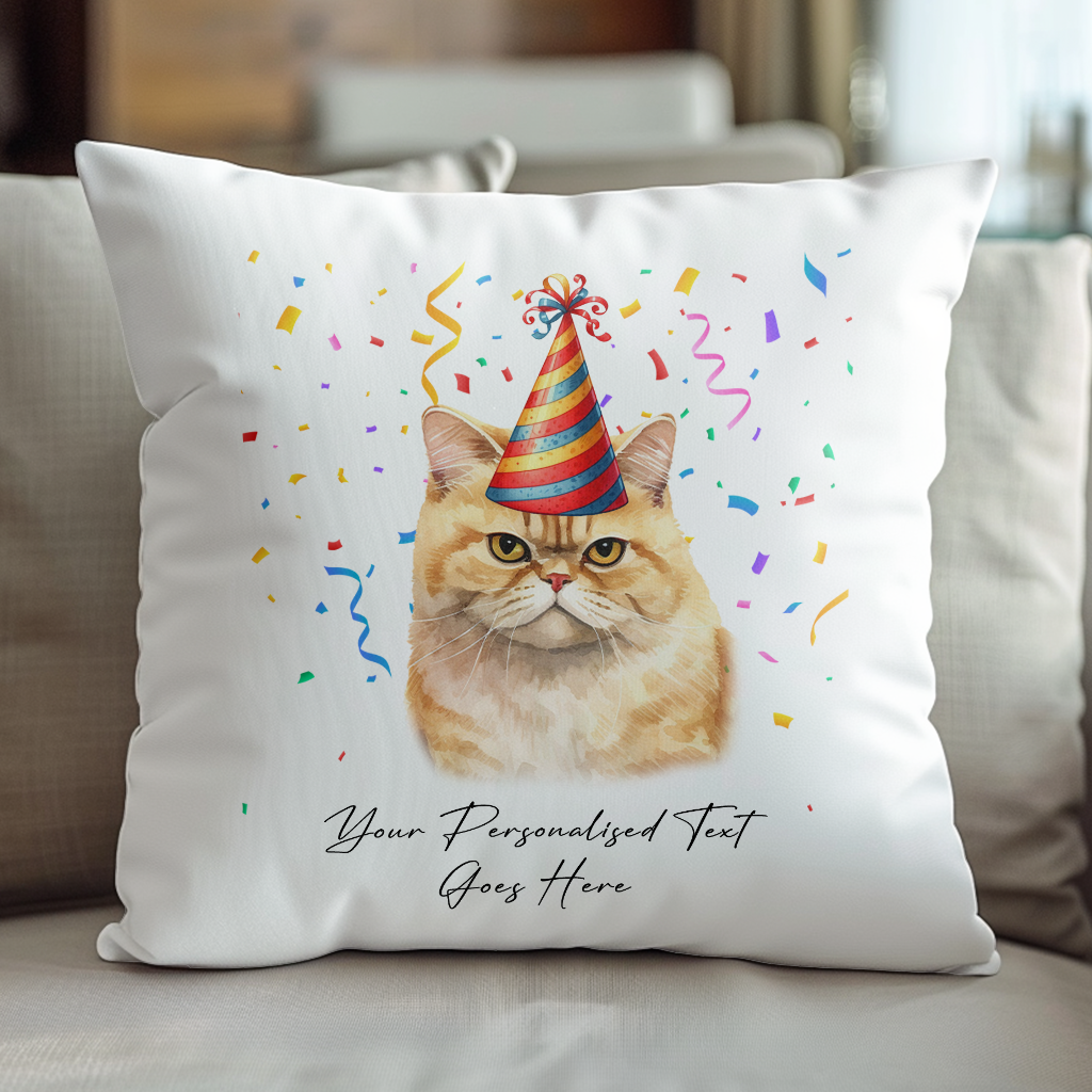 Personalised Exotic Shorthair Birthday Party Hat Cat - Cushion Cover Gift