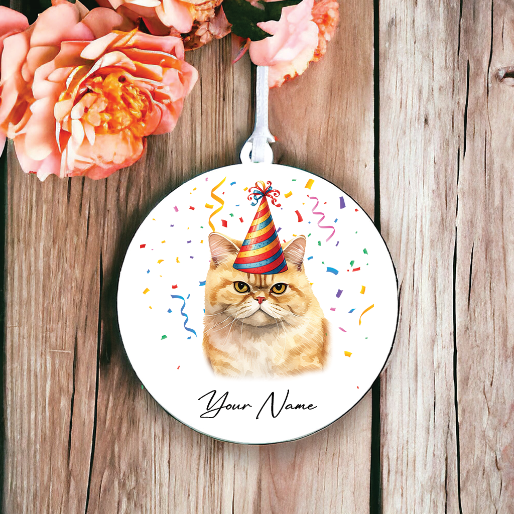 Personalised Exotic Shorthair Cat Birthday Party Hat - Hanging Bauble Decoration