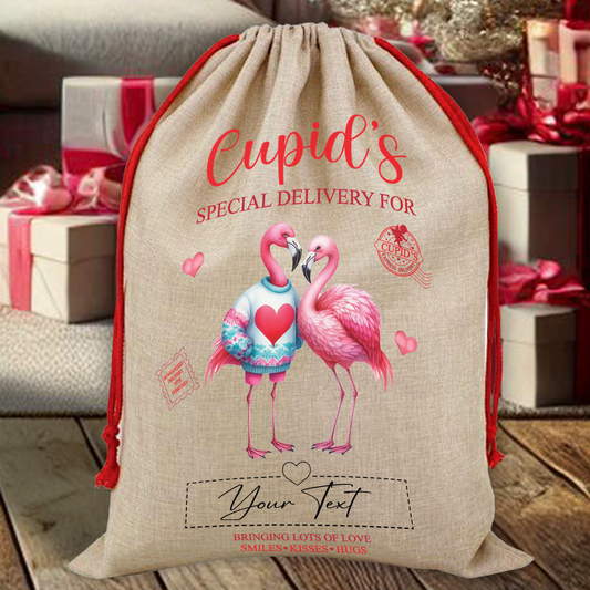 Personalised Animal Couple Love Heart Valentine Anniversary Gift Sack - Flamingo