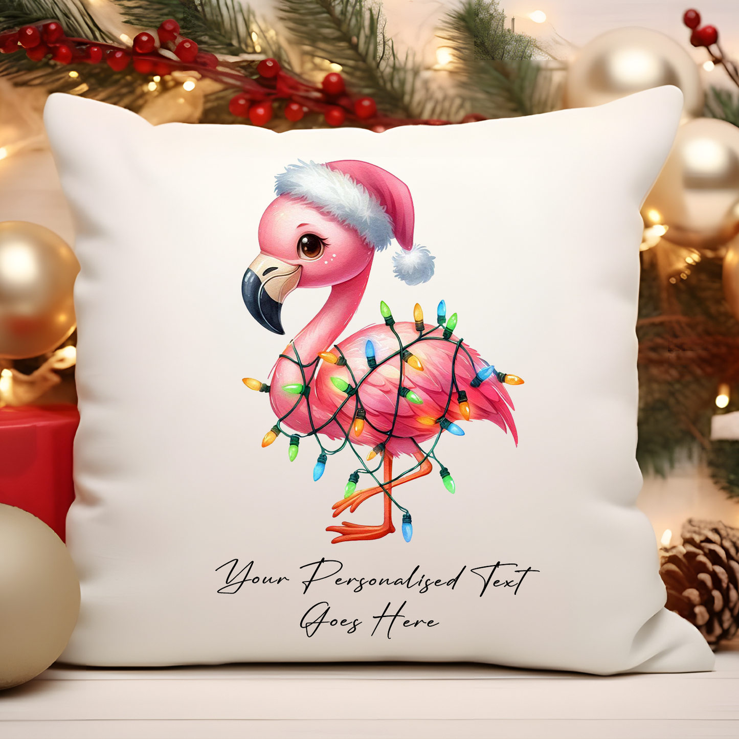 Personalised Flamingo wrapped in Christmas Lights Cushion Cover Gift