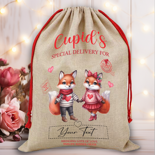 Personalised Animal Couple Love Heart Valentine Anniversary Gift Sack - Fox