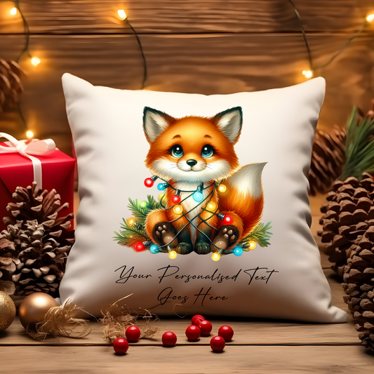 Personalised Fox wrapped in Christmas Lights Cushion Cover Gift - Style A