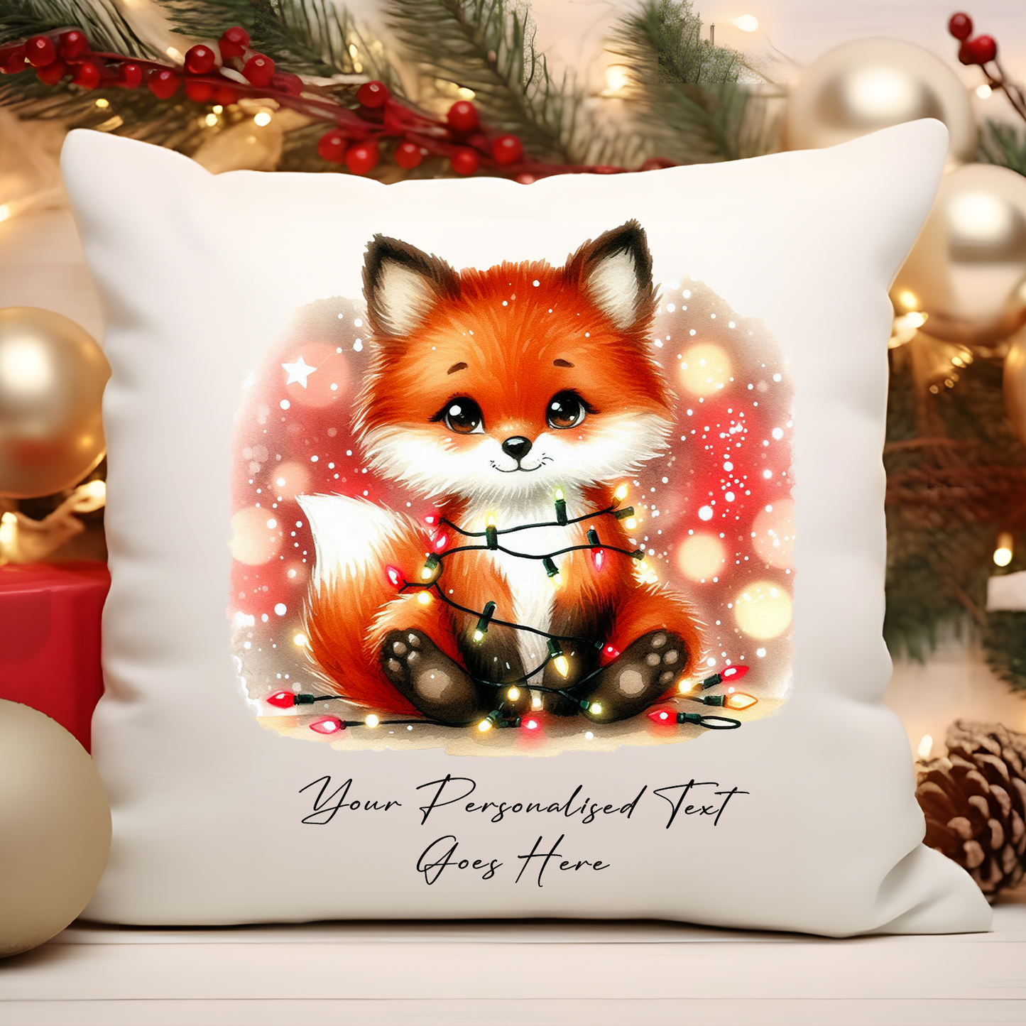 Personalised Fox wrapped in Christmas Lights Cushion Cover Gift - Style B