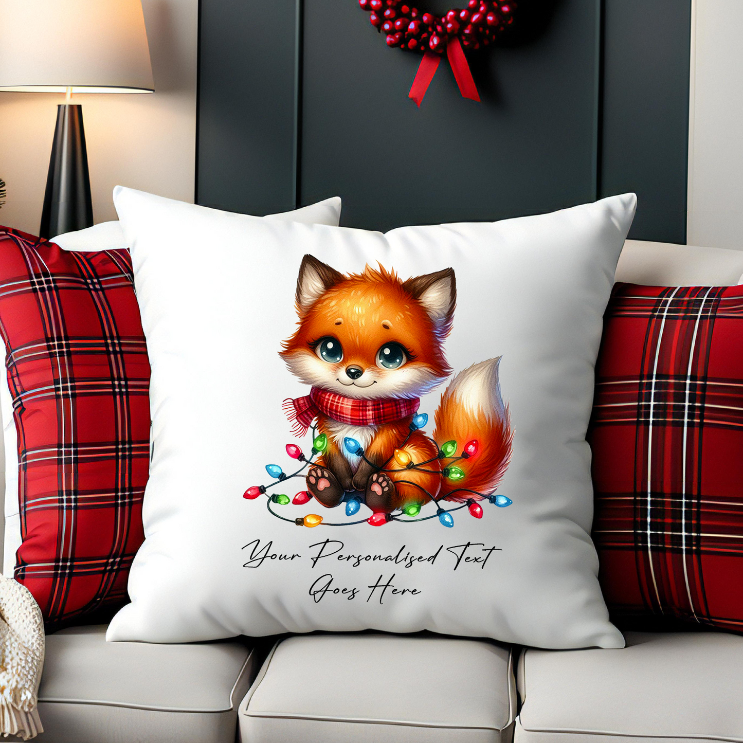 Personalised Fox wrapped in Christmas Lights Cushion Cover Gift - Style C