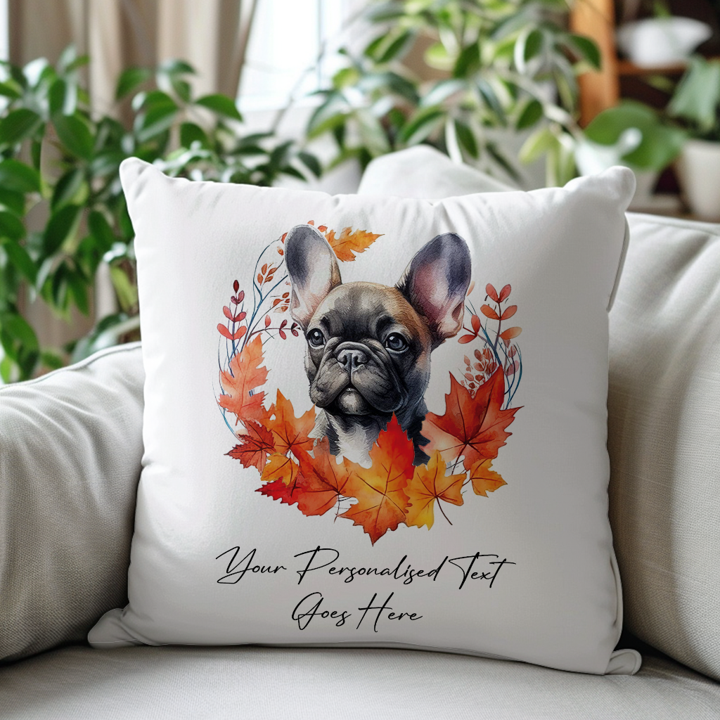 Personalised French Bulldog in an Autumn wreath - Keepsake Gift cushion, by Floppsie Moppsie – floppsiemoppsie at floppsiemoppsie.co.uk