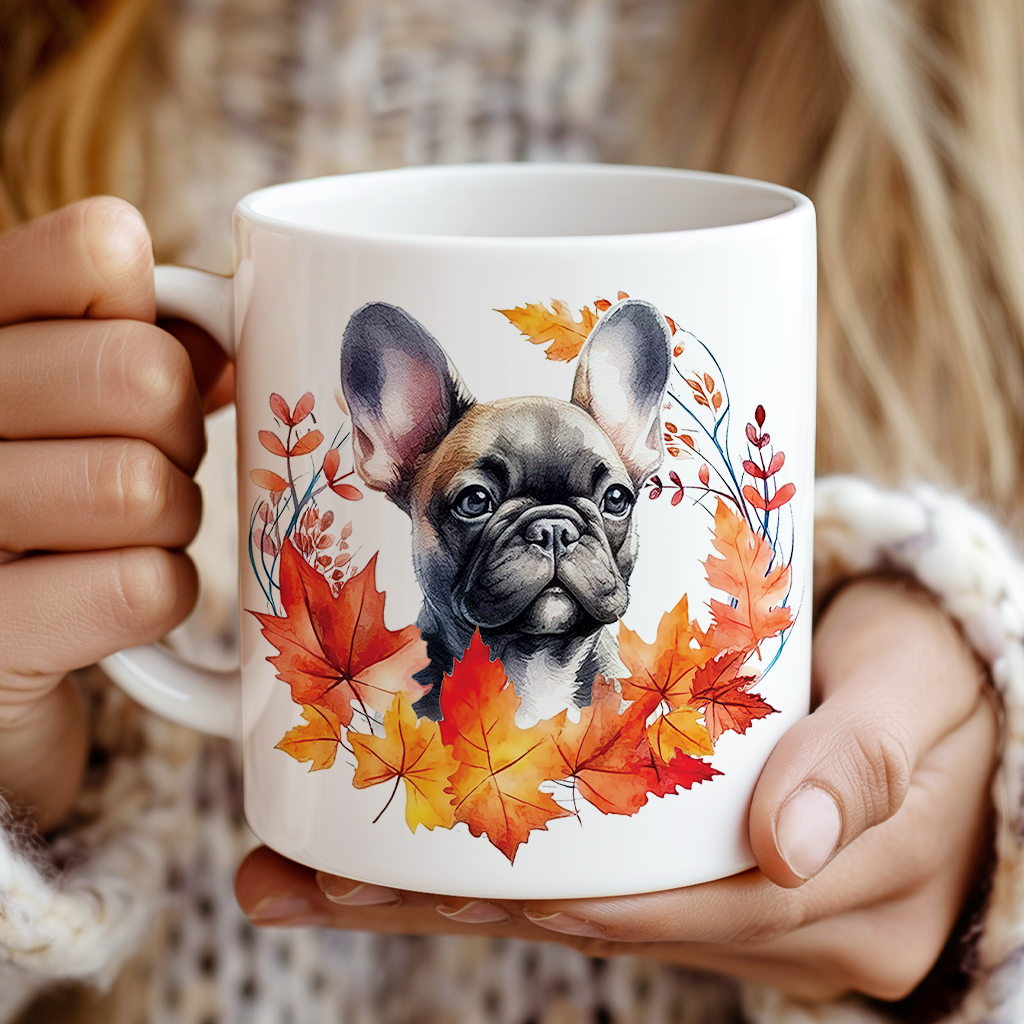 Personalised French Bulldog in an Autumn wreath - Keepsake Mug, ideal gift for Birthday and Christmas Gift, by Floppsie Moppsie – floppsiemoppsie at floppsiemoppsie.co.uk