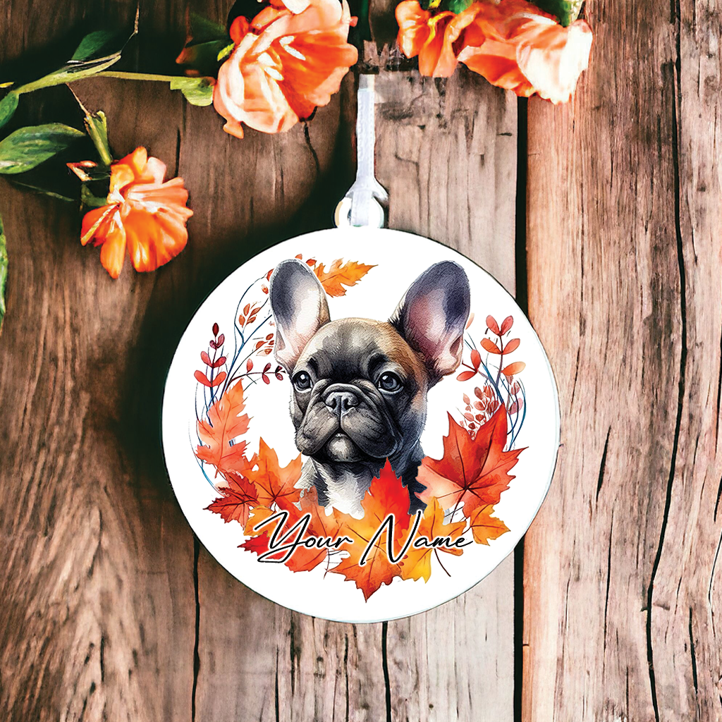 Personalised Dog French Bulldog in an autumn wreath - Keepsake Gift Hanging Decoration, by Floppsie Moppsie – floppsiemoppsie at floppsiemoppsie.co.uk