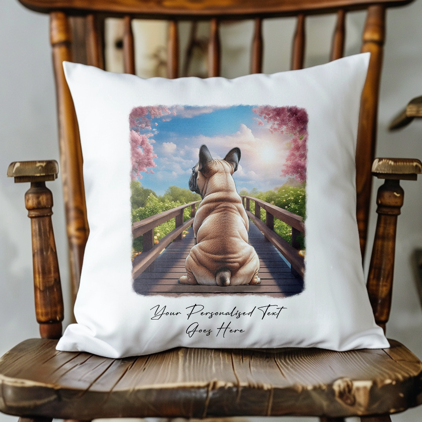 Personalised French Bulldog – Looking out across a Bridge Pet Gift Cushion, by Floppsie Moppsie – floppsiemoppsie at floppsiemoppsie.co.uk