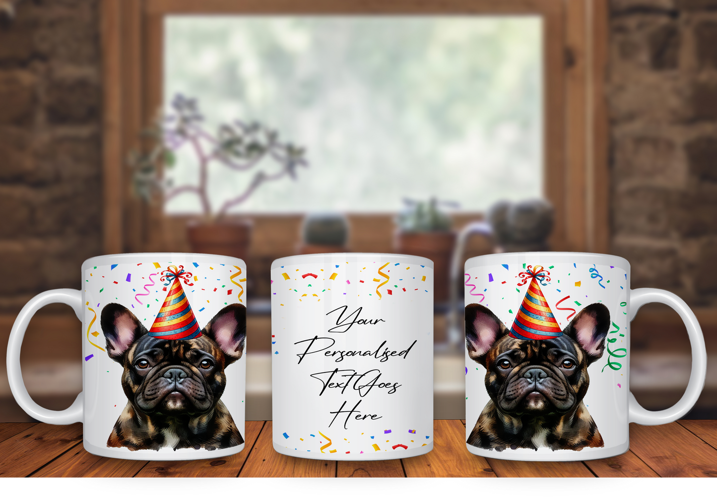 Personalised Dog Gift Mug - Bridle French Bulldog with Birthday Congratulations Party Hat