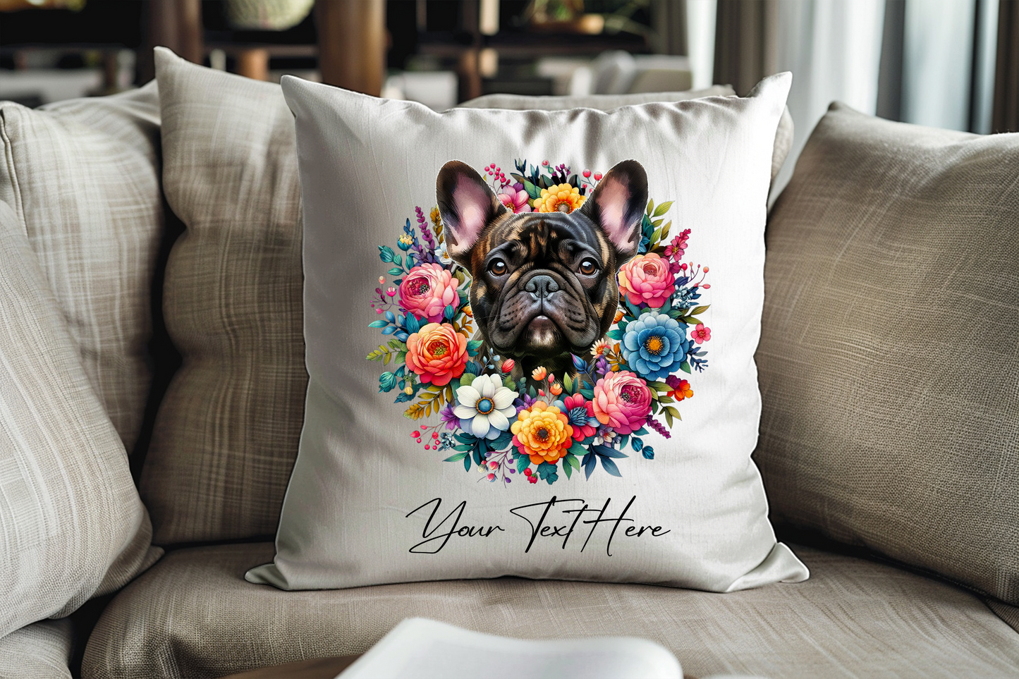 Personalised Floral Summer Pet Dog Wreath with Brindle French Bulldog  - Keepsake Gift Cushion, by Floppsie Moppsie – floppsiemoppsie at floppsiemoppsie.co.uk