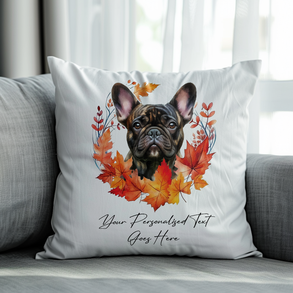 Personalised Brindle French Bulldog in an Autumn wreath - Keepsake Gift cushion, by Floppsie Moppsie – floppsiemoppsie at floppsiemoppsie.co.uk