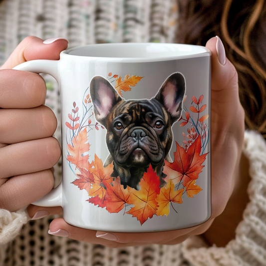 Personalised Brindle French Bulldog in an Autumn wreath - Keepsake Mug, ideal gift for Birthday and Christmas Gift, by Floppsie Moppsie – floppsiemoppsie at floppsiemoppsie.co.uk