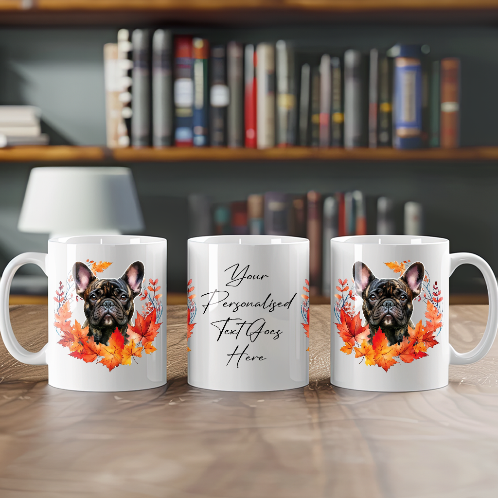 Personalised Brindle French Bulldog in an Autumn wreath - Keepsake Mug, ideal gift for Birthday and Christmas Gift, by Floppsie Moppsie – floppsiemoppsie at floppsiemoppsie.co.uk