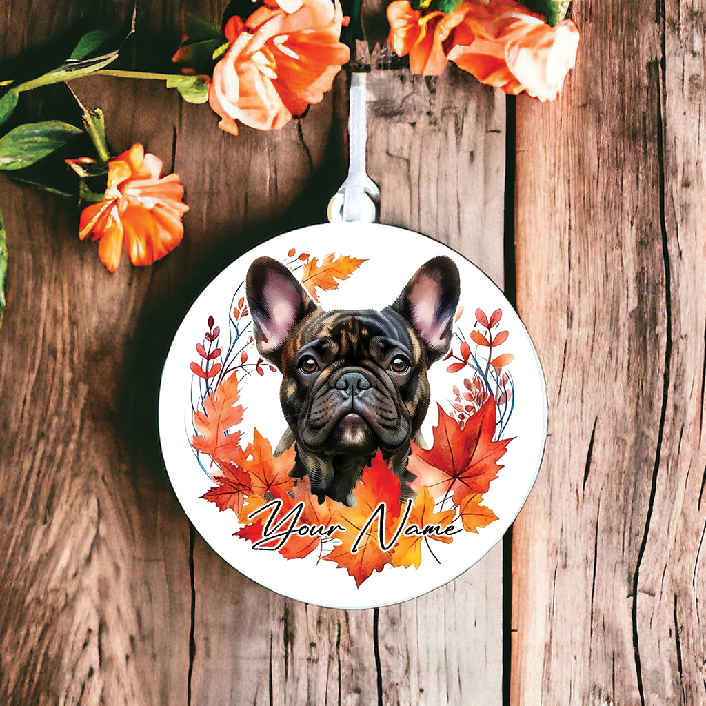 Personalised Dog Brindle French Bulldog in an autumn wreath - Keepsake Gift Hanging Decoration, by Floppsie Moppsie – floppsiemoppsie at floppsiemoppsie.co.uk