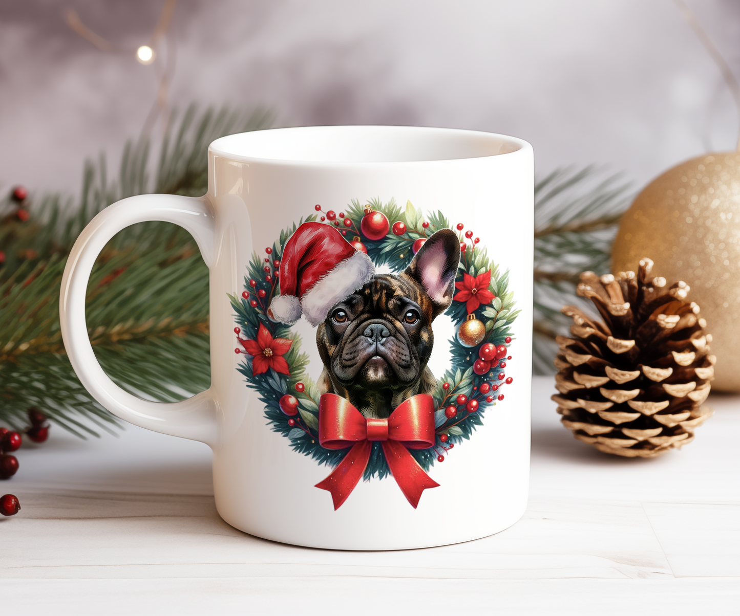 Personalised Brindle French Bulldog Dog Christmas Wreath Gift Mug