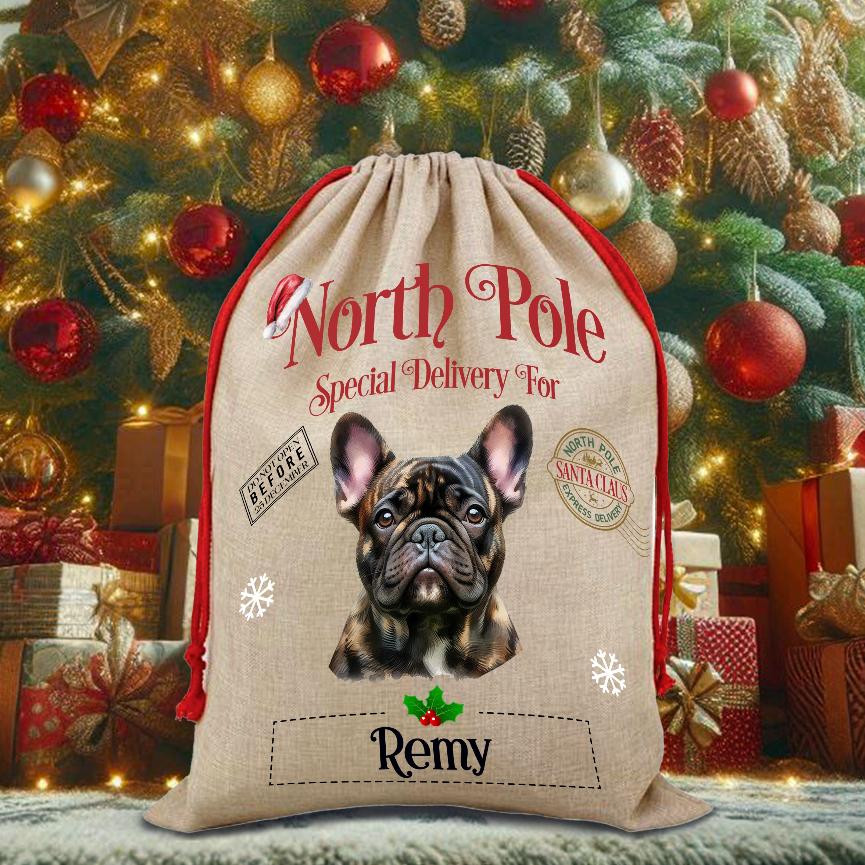 Personalised Dog Brindle French Bulldog – North Pole Special Delivery Santa Sack Pet Gift, by Floppsie Moppsie – floppsiemoppsie at floppsiemoppsie.co.uk