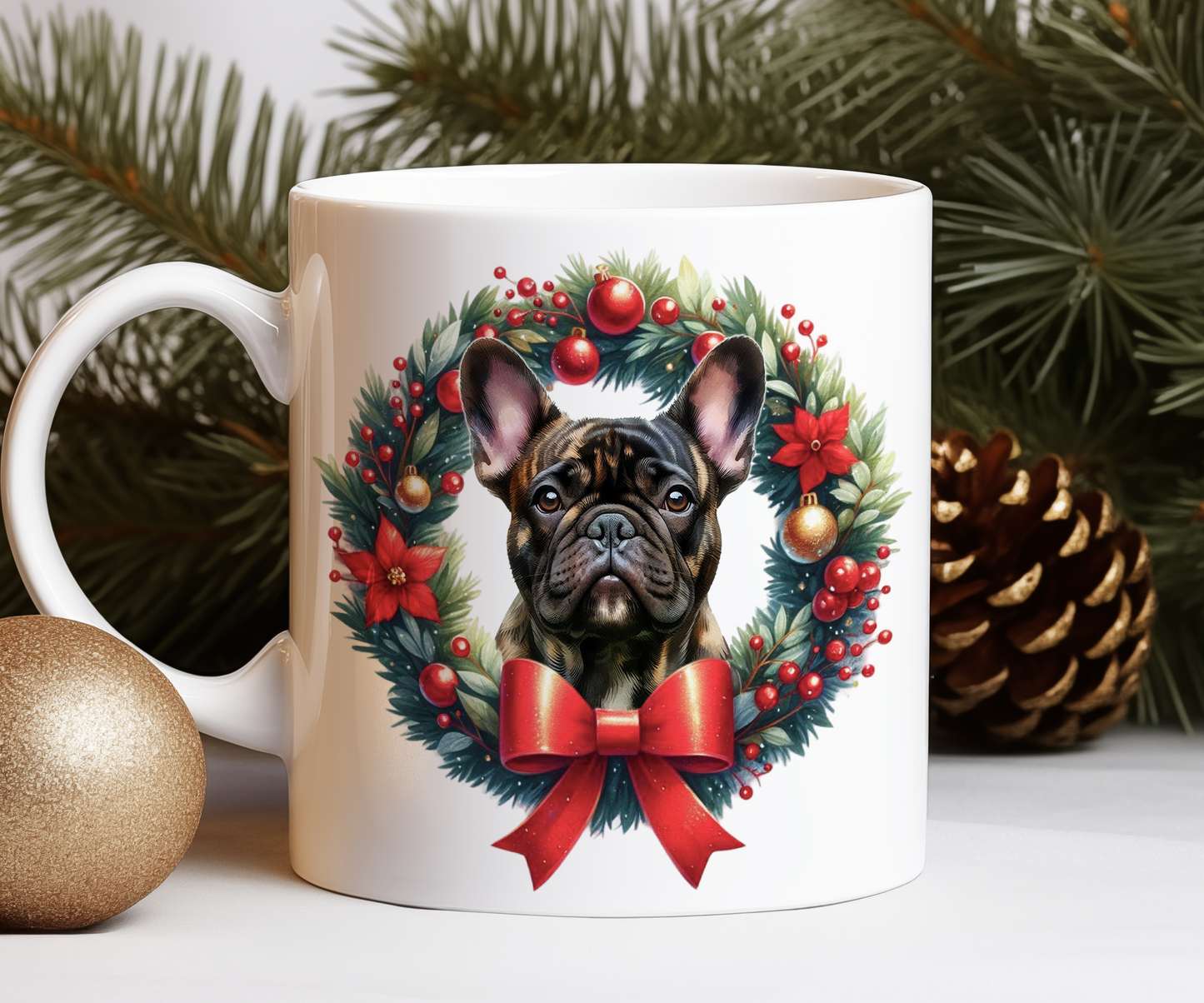 Personalised Brindle French Bulldog Dog Christmas Wreath Gift Mug