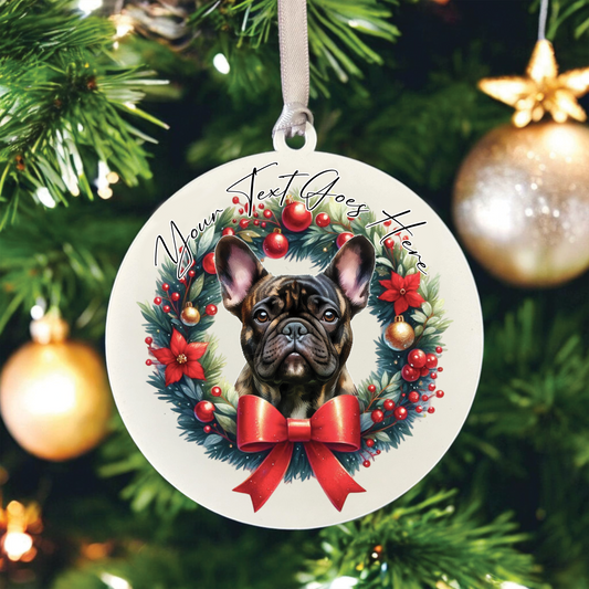 Personalised Brindle French Bulldog Dog Christmas Wreath - Hanging Bauble Decoration