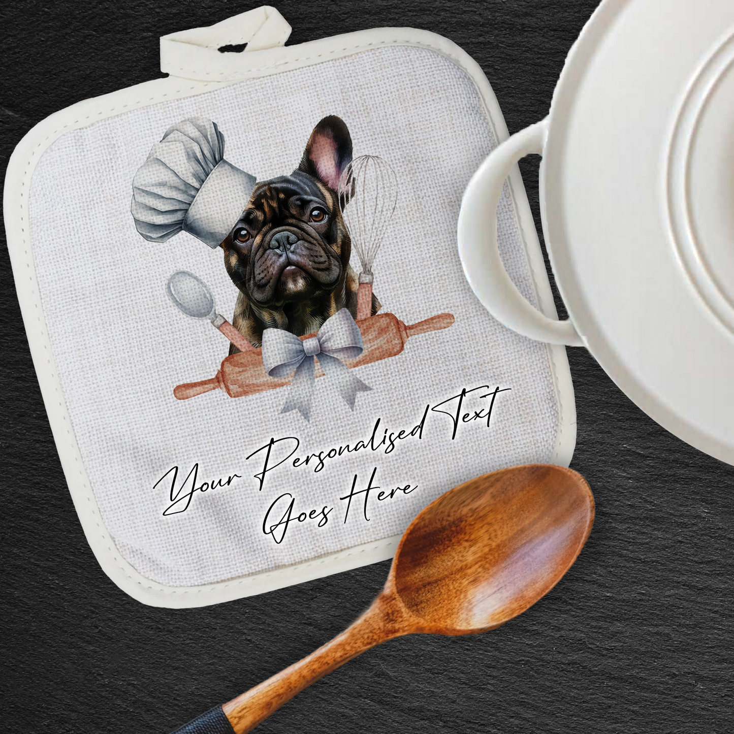 Personalised Dog In Chef Hat Gift Pot Holder / Grab - Brindle French Bulldog