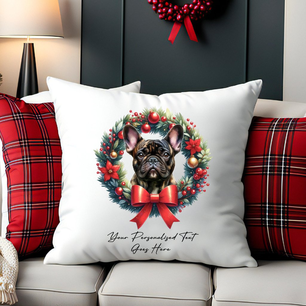 Personalised Brindle French Bulldog in a Christmas wreath - Keepsake Gift cushion, by Floppsie Moppsie – floppsiemoppsie at floppsiemoppsie.co.uk