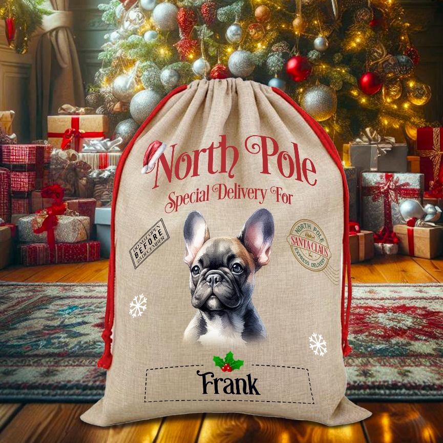 Personalised Dog French Bulldog – North Pole Special Delivery Santa Sack Pet Gift, by Floppsie Moppsie – floppsiemoppsie at floppsiemoppsie.co.uk