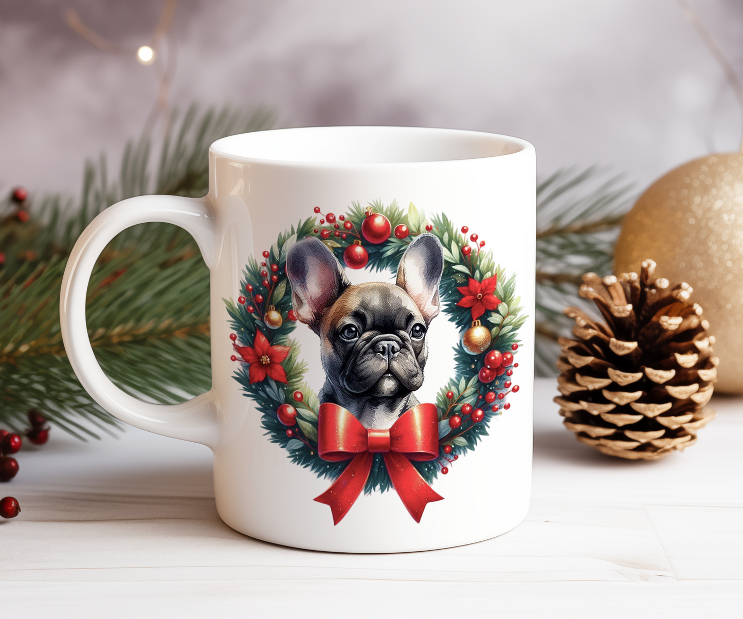 Personalised French Bulldog Dog Christmas Wreath Gift Mug