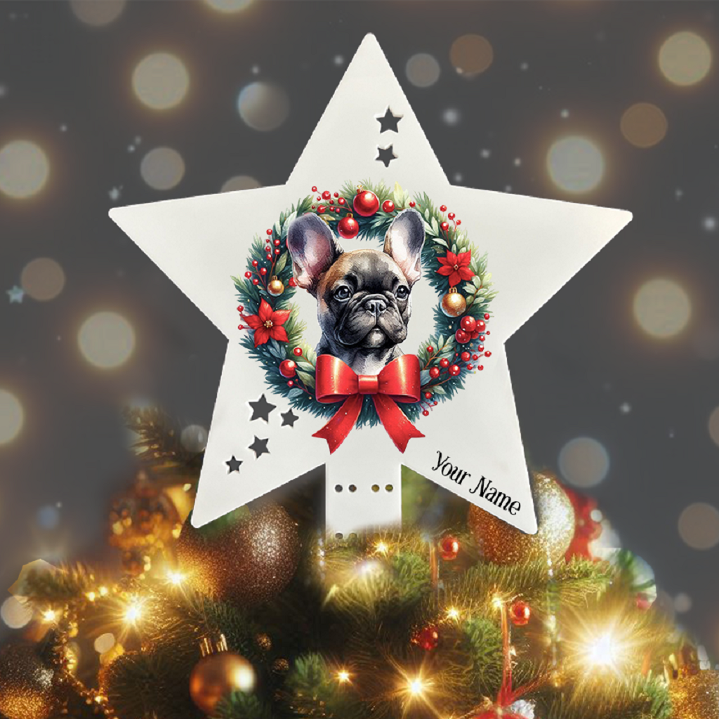 Personalised Pet Dog French Bulldog wreath Christmas Tree Topper - Keepsake Gift, by Floppsie Moppsie – floppsiemoppsie at floppsiemoppsie.co.uk