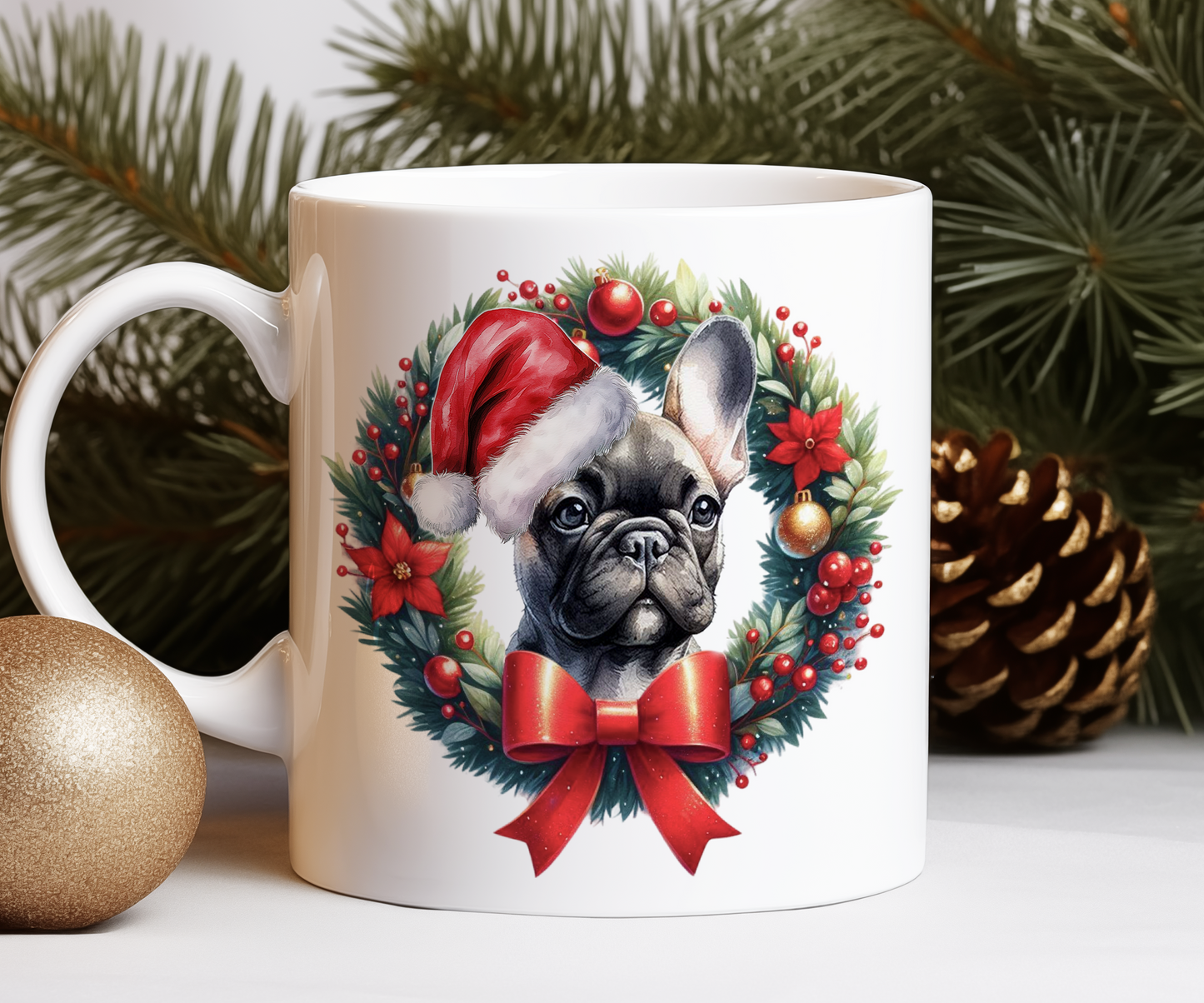 Personalised French Bulldog Dog Christmas Wreath Gift Mug