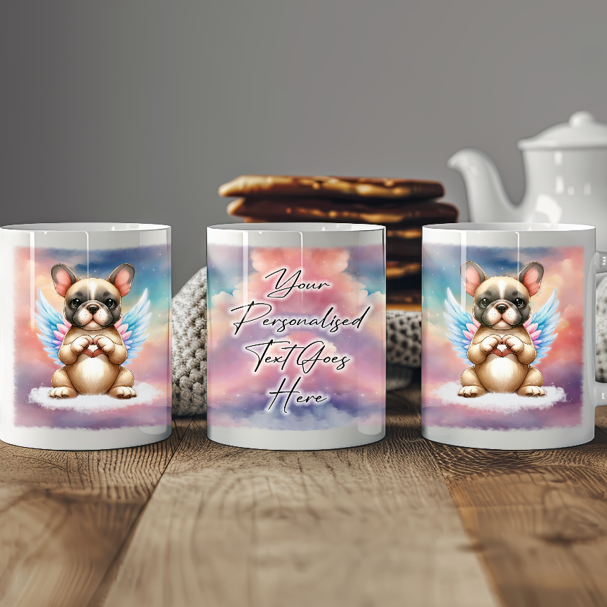 Personalised Dog Memorial Mug of French Bulldog with wings in clouds making a heart sign - Keepsake Gift Mug, by Floppsie Moppsie – floppsiemoppsie at floppsiemoppsie.co.uk