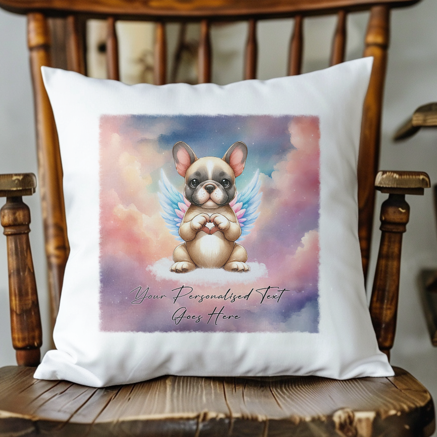 Personalised Dog Memorial Mug of French Bulldog with wings in clouds making a heart sign - Keepsake Gift Cushion, by Floppsie Moppsie – floppsiemoppsie at floppsiemoppsie.co.uk