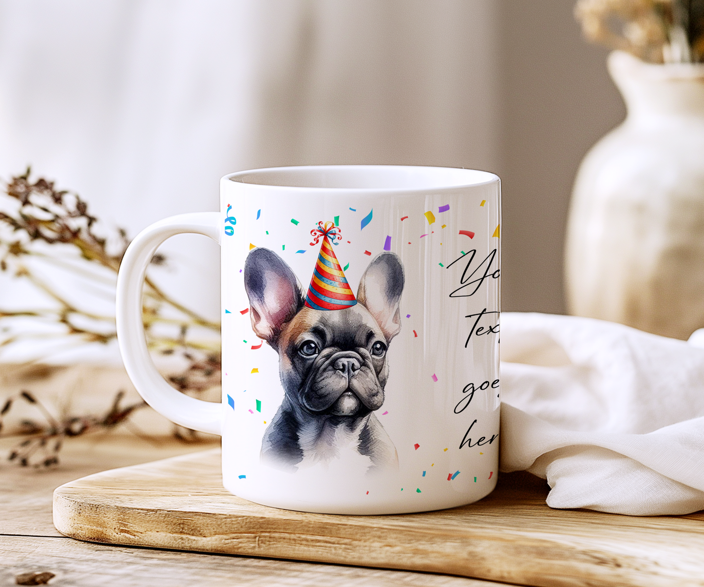 Personalised Dog Gift Mug - French Bulldog with Birthday Congratulations Party Hat