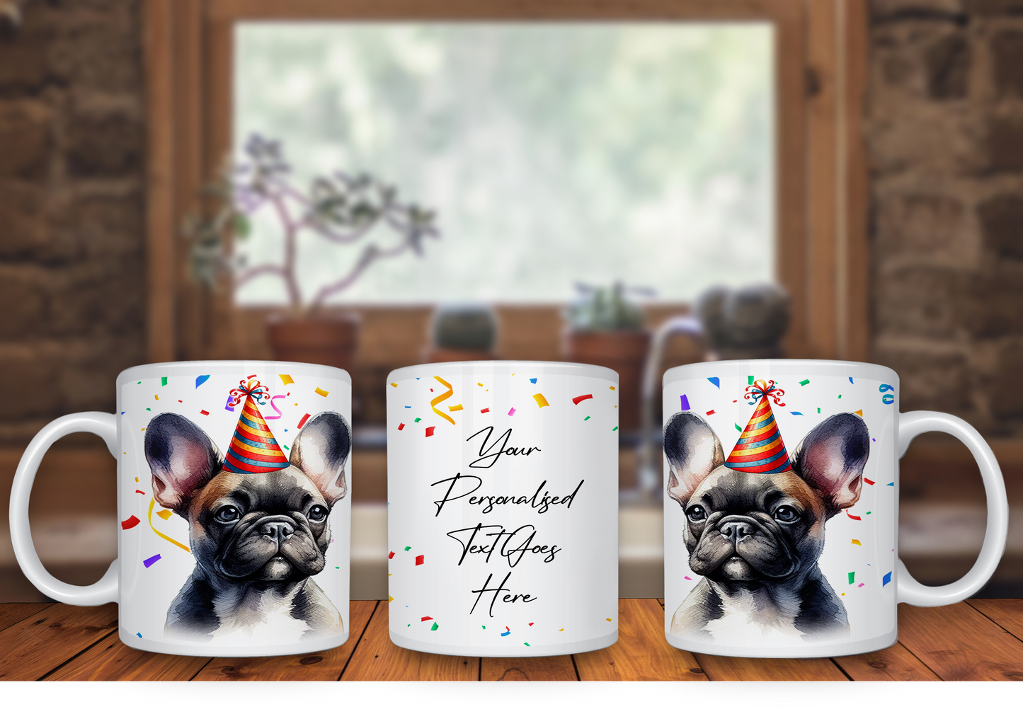 Personalised Dog Gift Mug - French Bulldog with Birthday Congratulations Party Hat