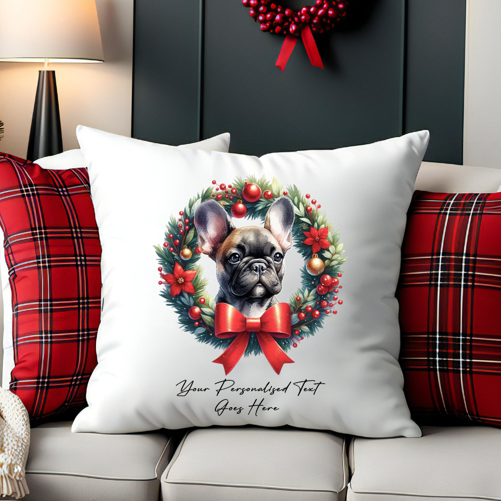 Personalised French Bulldog in a Christmas wreath - Keepsake Gift cushion, by Floppsie Moppsie – floppsiemoppsie at floppsiemoppsie.co.uk