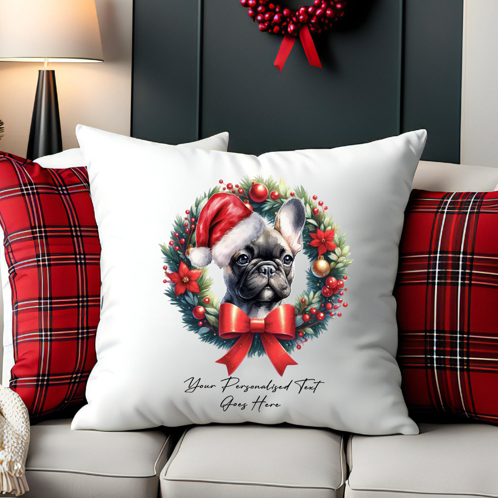 Personalised French Bulldog with Santa Hat in a Christmas wreath - Keepsake Gift cushion, by Floppsie Moppsie – floppsiemoppsie at floppsiemoppsie.co.uk