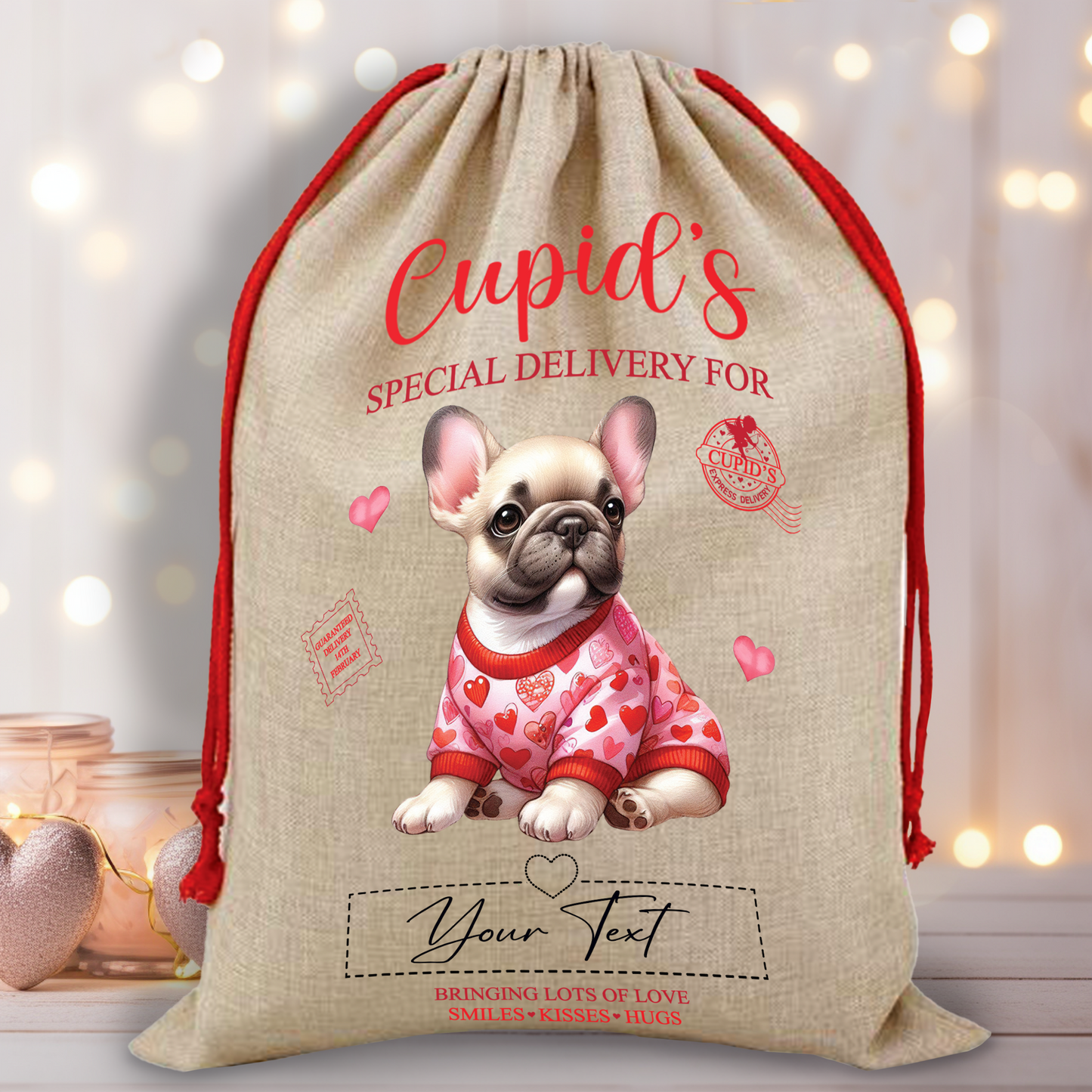 Personalised Dog Love Heart Valentine Anniversary Gift Sack - French Bulldog