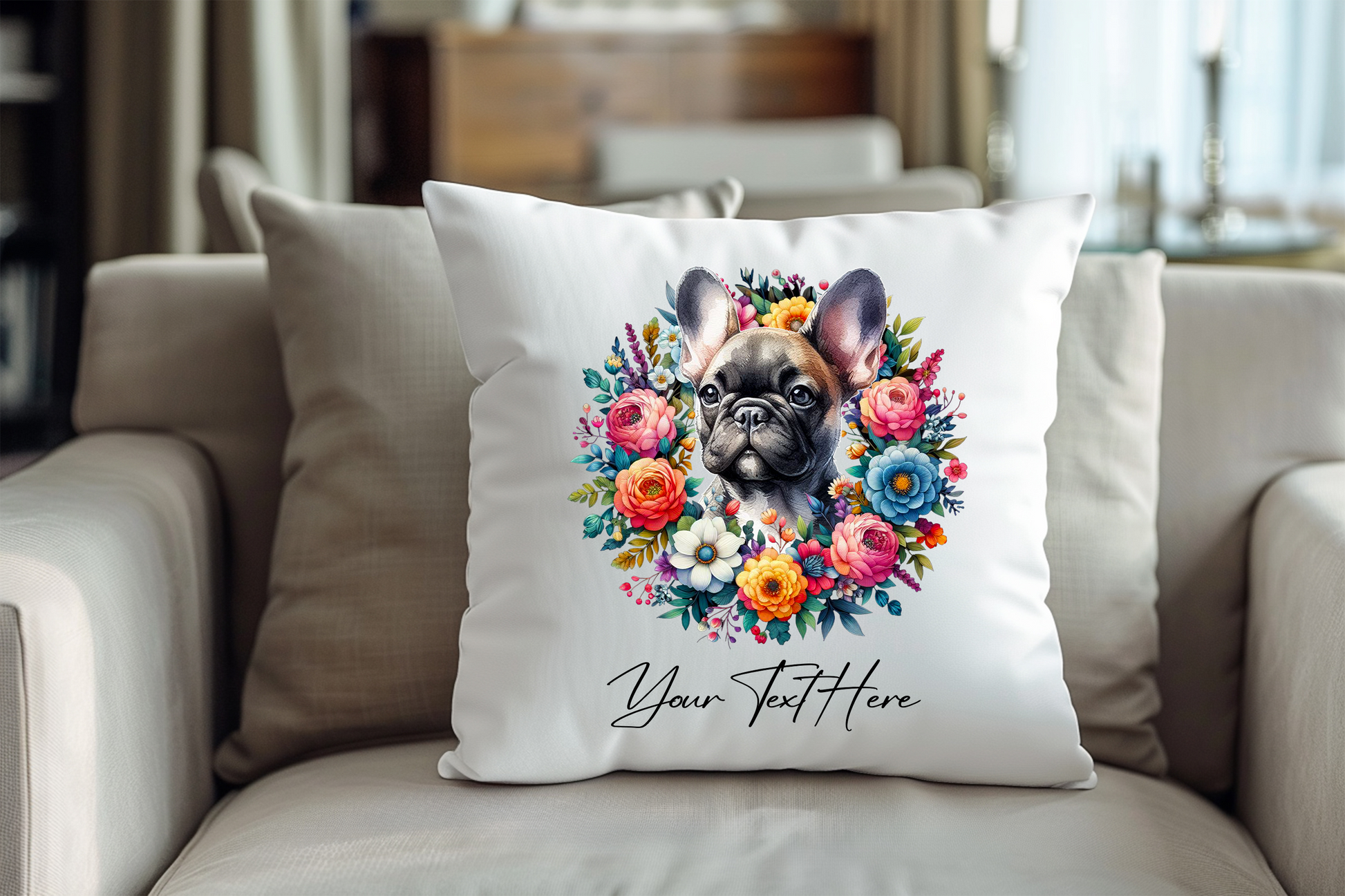 Personalised Floral Summer Pet Dog Wreath with French Bulldog - Keepsake Gift Cushion, by Floppsie Moppsie – floppsiemoppsie at floppsiemoppsie.co.uk