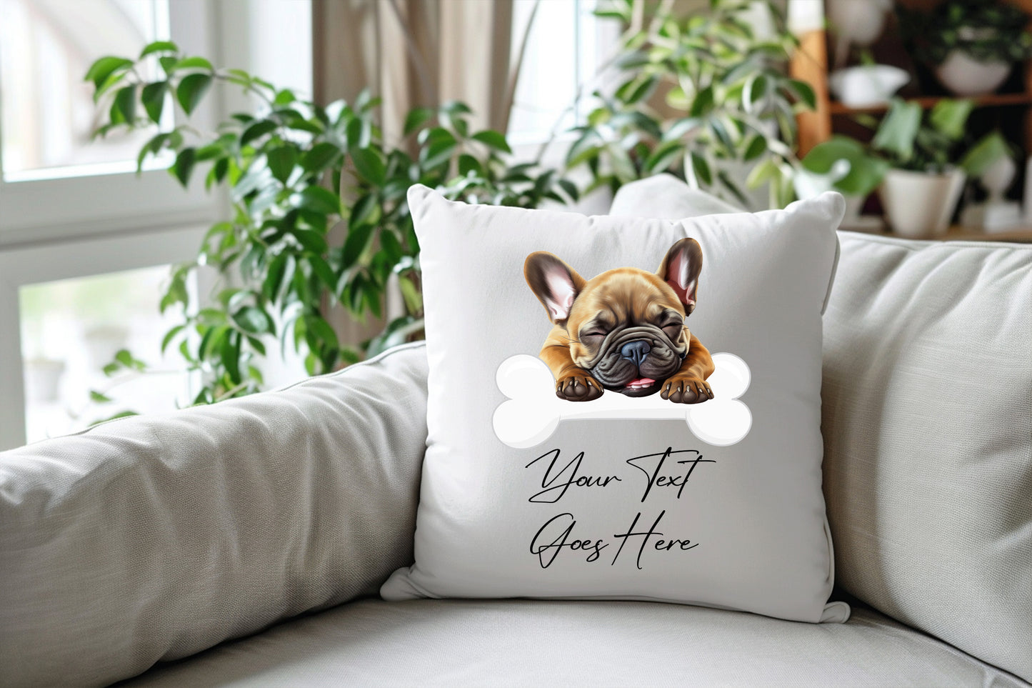 Personalised French Bulldog sleeping on a bone Pet Dog Keepsake Gift Cushion, by Floppsie Moppsie – floppsiemoppsie at floppsiemoppsie.co.uk